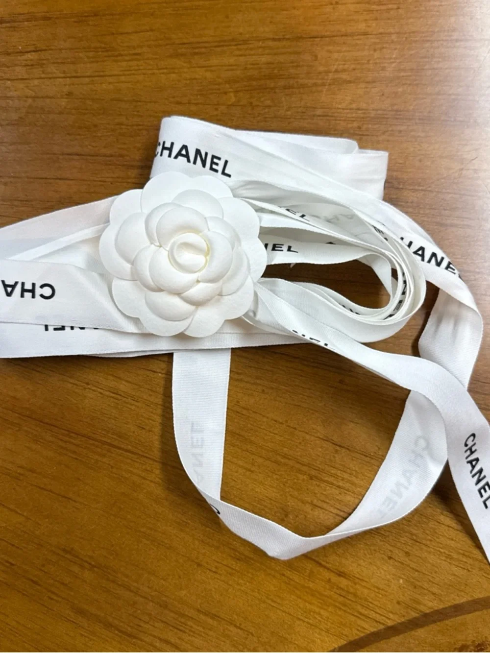 Chanel Gift Wrapping Ribbon 1” W59”L White Black Logo Camellia Flower Tissue